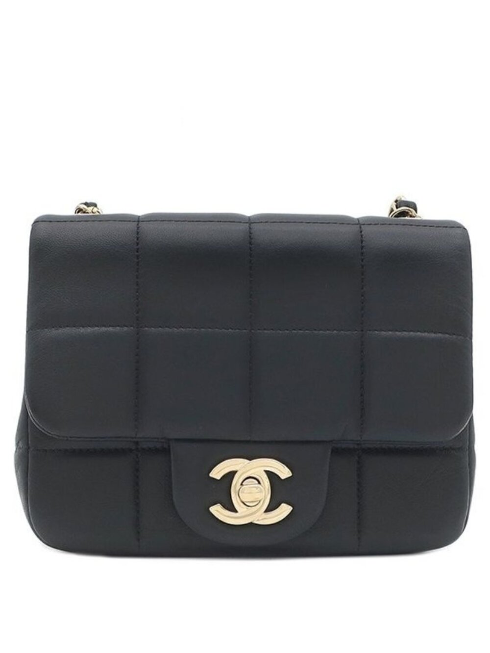 Chanel Shoulder Bag Choco Bar Mini Chain Lambskin Black Gold CC Logo Cube